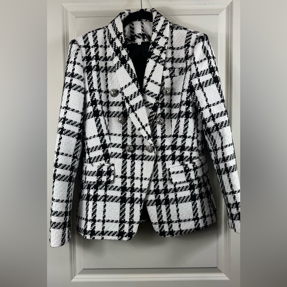 Classic Black and White Tweed Plaid Blazer - Picture 6 of 7